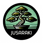 Kuvassa JusaRaki Oy:n logo, jossa on bonsai puu ruukussa. Yritys myy sisäkasvatus tarvikkeita Jyväskylän Keljonkankaalla.